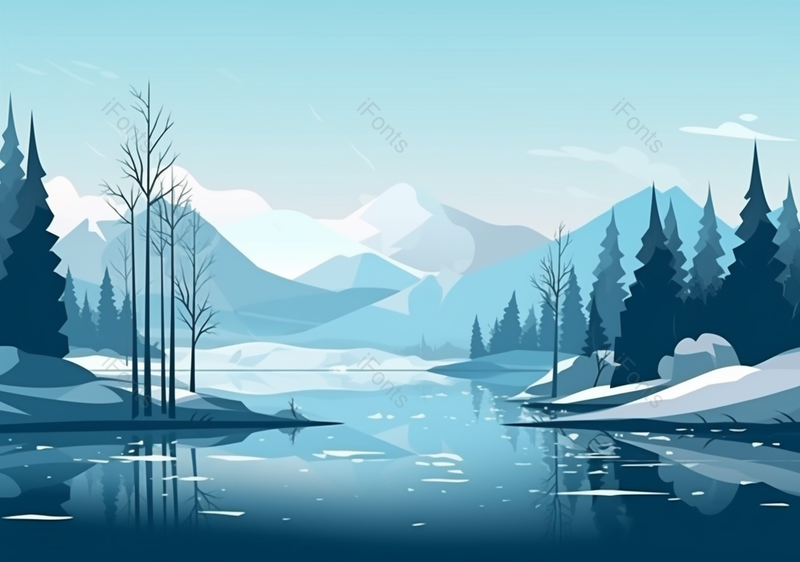 蓝色天空下的雪山树木,插画/手绘图,插画/手绘图库,插画/手绘图下载,插画/手绘